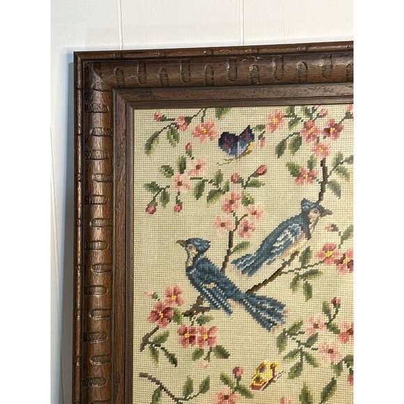 VTG Blue Jay Petit Point Needlepoint Framed Bird Art 17x20 Wall Decor Floral - Picture 2 of 6